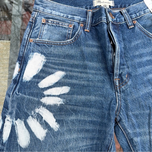 Women’s  Blue Straight-Leg Jeans with White Paint Floral Detail - Picture 2 of 11